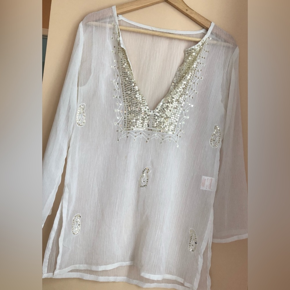 ⭐️sparkly white sheer summer beach blouse for party, beach and other outings!